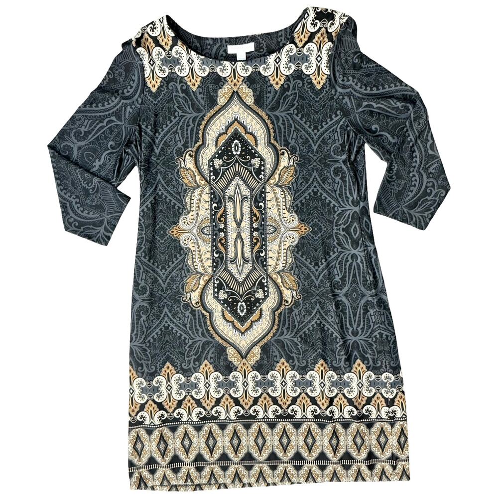 Charter Club Gray Brown Cream Filigree 3/4 Sleeve Sheath Dress Petite size L PL - Picture 8 of 9